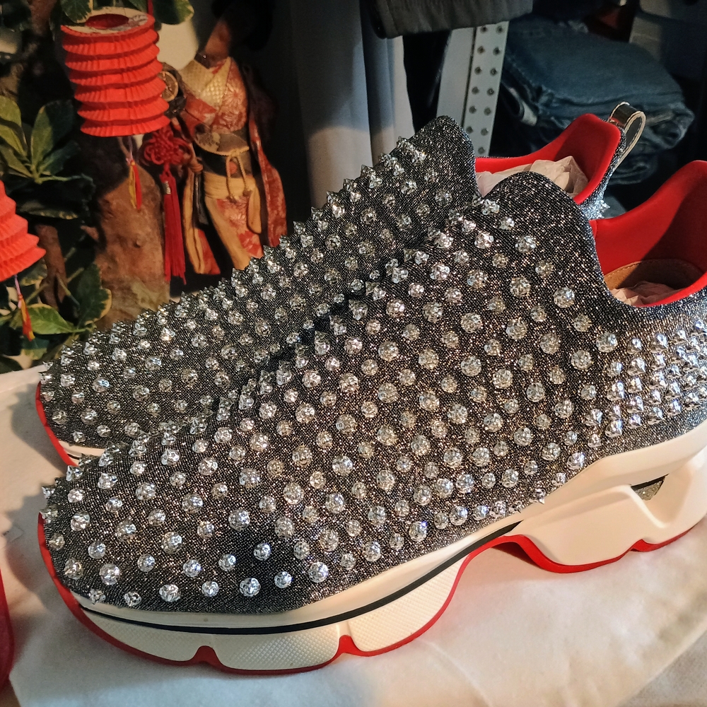 Christian Louboutin Silver and Red Spiked Sneakers Men's Size 12 - Picture 2 of 12
